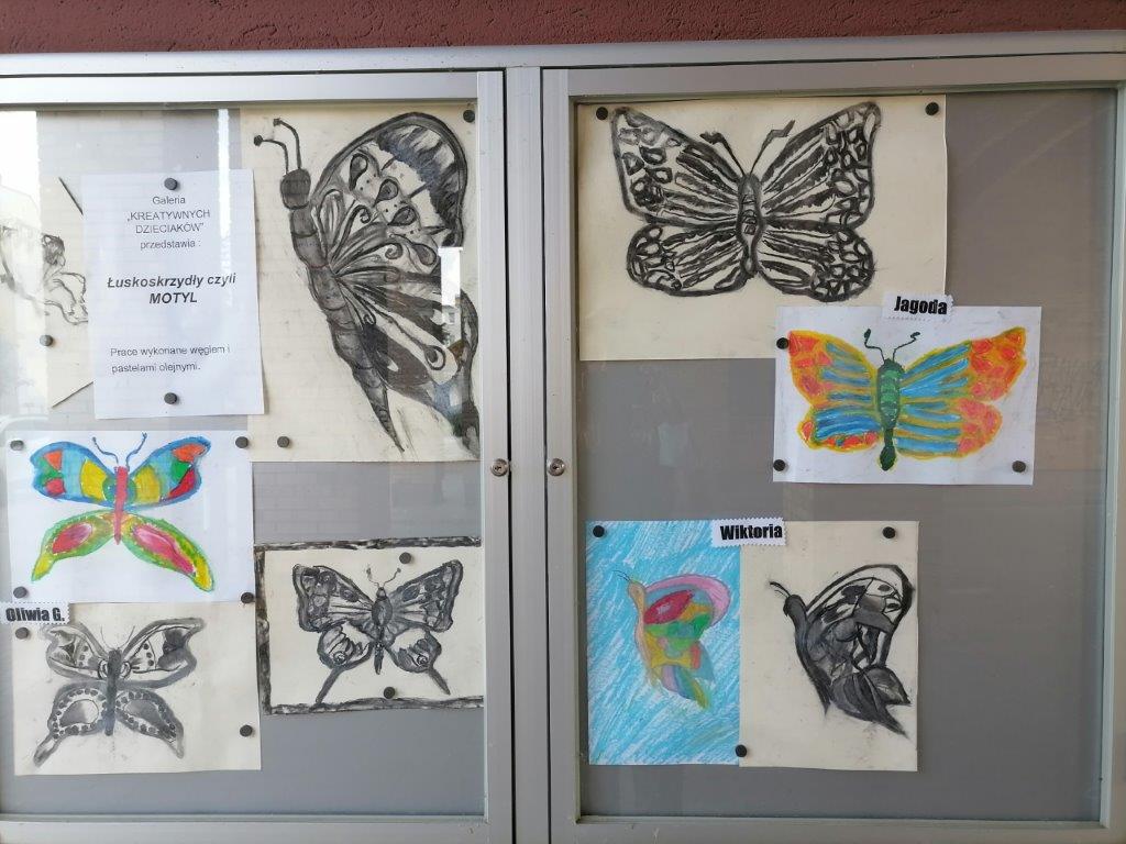 Prace dzieci przedstawiające barwne i czarno białe motyle