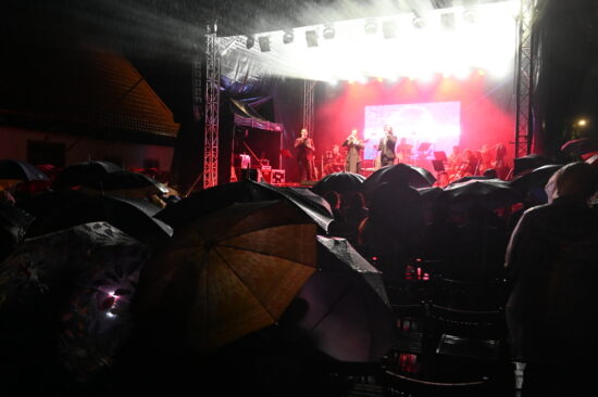 Publiczność w strugach deszczu
